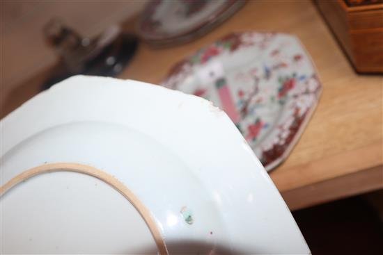 Four 18th century Chinese famille rose plates, length 23cm